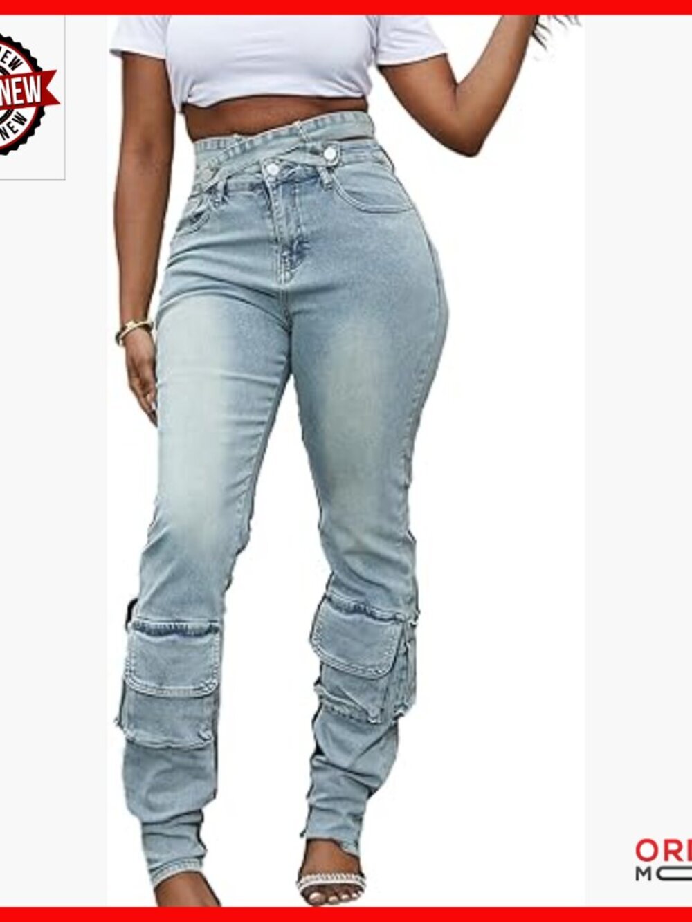 Stretch Jeans with Removable Cross Strap Cutout Waist Distressed Cargo Pants